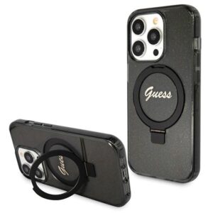 Guess Ring Stand Script Glitter MagSafe tok iPhone 14 Pro Max készülékhez (fekete)
