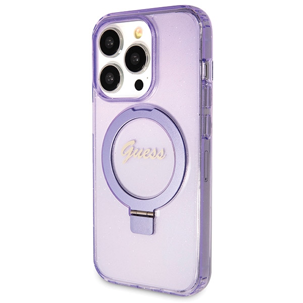 iTok webáruház - Guess Guess Ring Stand Script Glitter MagSafe tok iPhone 14 Pro Max készülékhez (lila) 2 Guess Ring Stand Script Glitter MagSafe case for iPhone 14 Pro Max (lila)