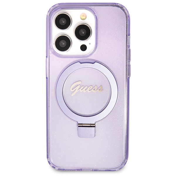 iTok webáruház - Guess Guess Ring Stand Script Glitter MagSafe tok iPhone 14 Pro Max készülékhez (lila) 3 Guess Ring Stand Script Glitter MagSafe case for iPhone 14 Pro Max (lila)