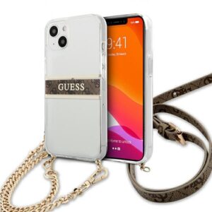 Guess GUHCP13SKC4GBGO iPhone 13 mini átlátszó keménytok barna pánttal és arany lánccal