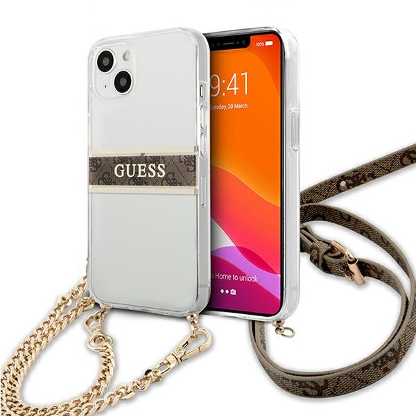 iTok webáruház - Guess Guess GUHCP13SKC4GBGO iPhone 13 mini átlátszó keménytok barna pánttal és arany lánccal 1 Guess GUHCP13SKC4GBGO iPhone 13 mini 5.4" Transparent hardcase 4G Brown Strap Gold Chain