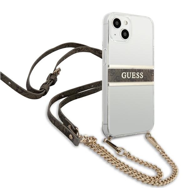 iTok webáruház - Guess Guess GUHCP13SKC4GBGO iPhone 13 mini átlátszó keménytok barna pánttal és arany lánccal 4 Guess GUHCP13SKC4GBGO iPhone 13 mini 5.4" Transparent hardcase 4G Brown Strap Gold Chain