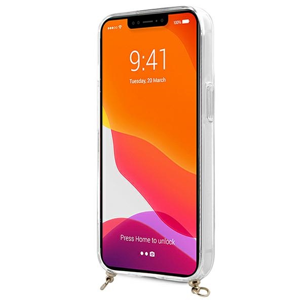 iTok webáruház - Guess Guess GUHCP13SKC4GBGO iPhone 13 mini átlátszó keménytok barna pánttal és arany lánccal 5 Guess GUHCP13SKC4GBGO iPhone 13 mini 5.4" Transparent hardcase 4G Brown Strap Gold Chain