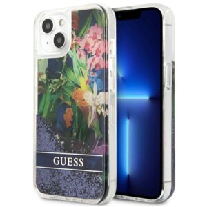 Guess GUHCP13SLFLSB Flower Liquid Glitter tok iPhone 13 mini készülékhez – kék