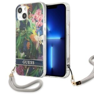 Guess GUHCP13SHFLSB iPhone 13 mini virágmintás szilikontok csuklópánttal – kék