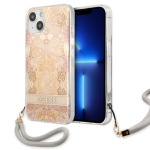 Guess GUHCP13SHFLSD iPhone 13 mini 5,4″ arany kemény tok virágmintával és csuklópánttal