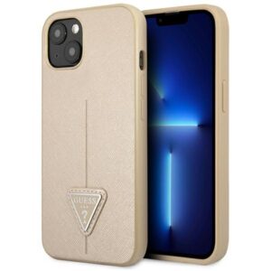 Guess GUHCP13SPSATLE iPhone 13 mini 5,4 hüvelykes bézs kemény tok – Saffiano Triangle logó