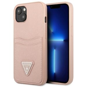 Guess GUHCP13SPSATPP Saffiano Triangle rózsaszín tok iPhone 13 minihez