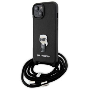 Karl Lagerfeld Crossbody Saffiano Monogram Metal Pin Karl & Choupette tok iPhone 15 készülékhez (fekete)