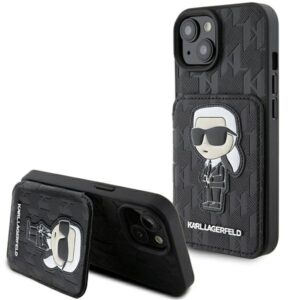 Karl Lagerfeld Saffiano Cardslots and Stand Monogram Ikonik Patch tok iPhone 15-höz (fekete)