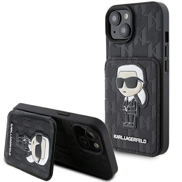 iTok webáruház - Karl Lagerfeld Karl Lagerfeld Saffiano Cardslots and Stand Monogram Ikonik Patch tok iPhone 15-höz (fekete) 1 Karl Lagerfeld Saffiano Cardslots and Stand Monogram Ikonik Patch case for iPhone 15 (fekete)