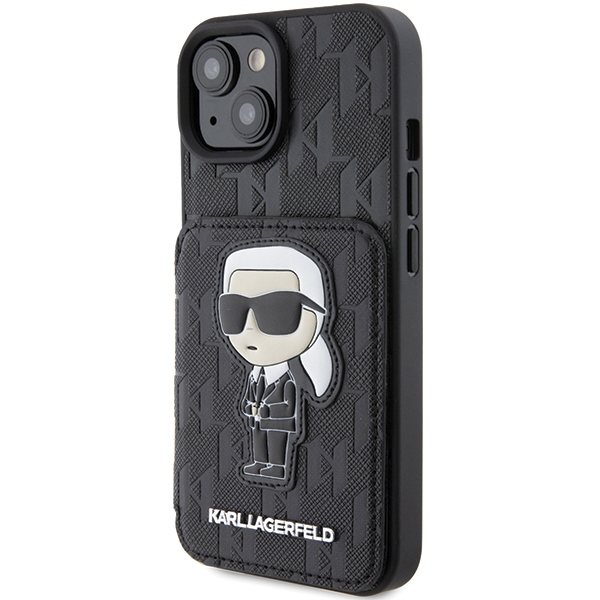 iTok webáruház - Karl Lagerfeld Karl Lagerfeld Saffiano Cardslots and Stand Monogram Ikonik Patch tok iPhone 15-höz (fekete) 2 Karl Lagerfeld Saffiano Cardslots and Stand Monogram Ikonik Patch case for iPhone 15 (fekete)