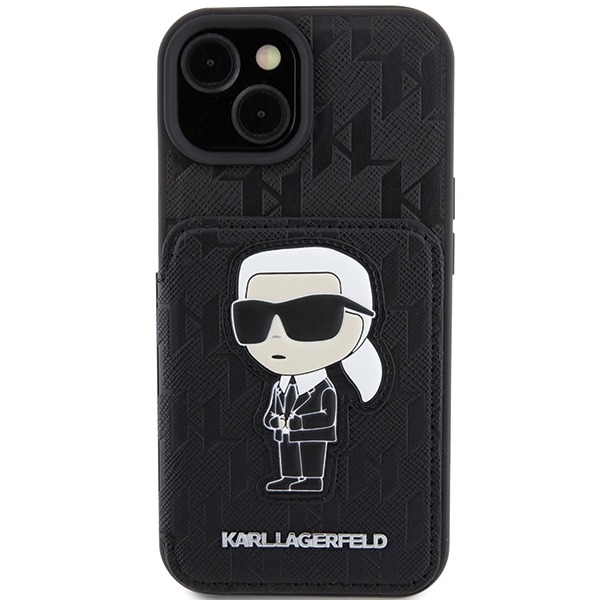iTok webáruház - Karl Lagerfeld Karl Lagerfeld Saffiano Cardslots and Stand Monogram Ikonik Patch tok iPhone 15-höz (fekete) 3 Karl Lagerfeld Saffiano Cardslots and Stand Monogram Ikonik Patch case for iPhone 15 (fekete)