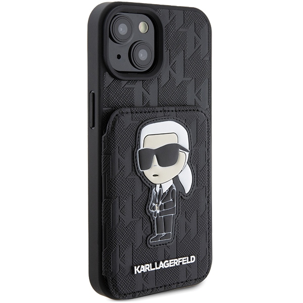 iTok webáruház - Karl Lagerfeld Karl Lagerfeld Saffiano Cardslots and Stand Monogram Ikonik Patch tok iPhone 15-höz (fekete) 4 Karl Lagerfeld Saffiano Cardslots and Stand Monogram Ikonik Patch case for iPhone 15 (fekete)