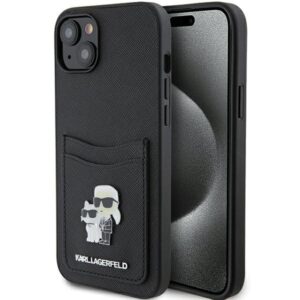 Karl Lagerfeld Saffiano Cardslot Karl&Choupette Metal Pin tok iPhone 15 készülékhez (fekete)
