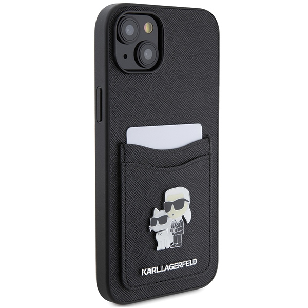 iTok webáruház - Karl Lagerfeld Karl Lagerfeld Saffiano Cardslot Karl&Choupette Metal Pin tok iPhone 15 készülékhez (fekete) 4 Karl Lagerfeld Saffiano Cardslot Karl&Choupette Metal Pin case for iPhone 15 (fekete)