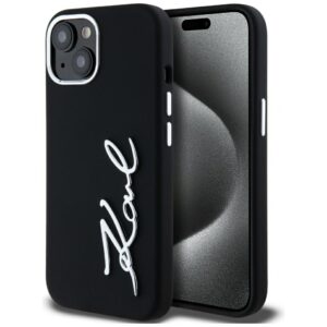 Karl Lagerfeld Silicone Metal Script Logo iPhone 15 Case (fekete)
