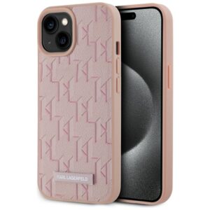 Karl Lagerfeld Leather Monogram Metal Logo MagSafe iPhone 15 tok (rózsaszín)