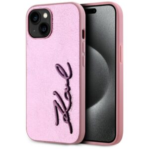 Karl Lagerfeld Wrinkled Metal Signature tok iPhone 15 készülékhez (rózsaszín)