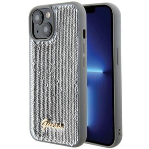 Guess Sequin Script Metal tok iPhone 15-höz (ezüst)