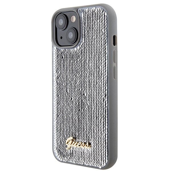 iTok webáruház - Guess Guess Sequin Script Metal tok iPhone 15-höz (ezüst) 2 Guess Sequin Script Metal case for iPhone 15 (ezüst)