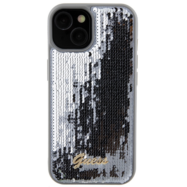 iTok webáruház - Guess Guess Sequin Script Metal tok iPhone 15-höz (ezüst) 3 Guess Sequin Script Metal case for iPhone 15 (ezüst)