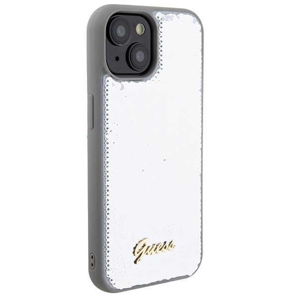 iTok webáruház - Guess Guess Sequin Script Metal tok iPhone 15-höz (ezüst) 4 Guess Sequin Script Metal case for iPhone 15 (ezüst)
