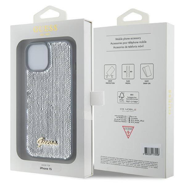 iTok webáruház - Guess Guess Sequin Script Metal tok iPhone 15-höz (ezüst) 8 Guess Sequin Script Metal case for iPhone 15 (ezüst)