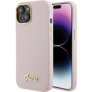 Guess Silicone Script Metal Logo & Frame tok iPhone 15-höz (rózsaszín)