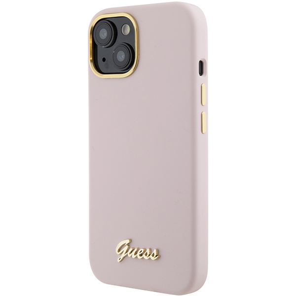 iTok webáruház - Guess Guess Silicone Script Metal Logo & Frame tok iPhone 15-höz (rózsaszín) 2 Guess Silicone Script Metal Logo & Frame case for iPhone 15 (rózsaszín)