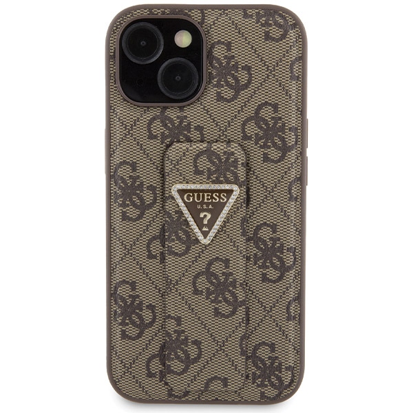 iTok webáruház - Guess Guess Grip Stand 4G Triangle Strass tok iPhone 15 készülékhez (barna) 3 Guess Grip Stand 4G Triangle Strass case for iPhone 15 (barna)