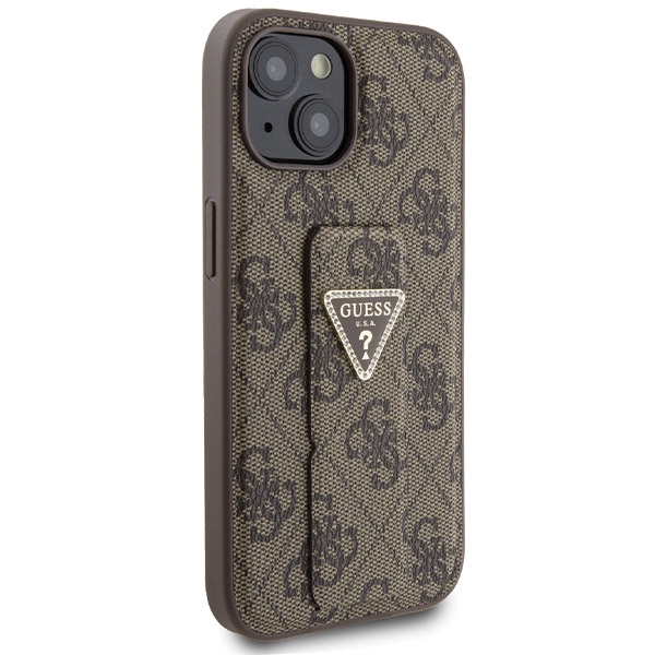 iTok webáruház - Guess Guess Grip Stand 4G Triangle Strass tok iPhone 15 készülékhez (barna) 4 Guess Grip Stand 4G Triangle Strass case for iPhone 15 (barna)