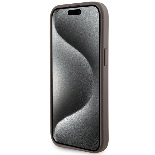 iTok webáruház - Guess Guess Grip Stand 4G Triangle Strass tok iPhone 15 készülékhez (barna) 5 Guess Grip Stand 4G Triangle Strass case for iPhone 15 (barna)