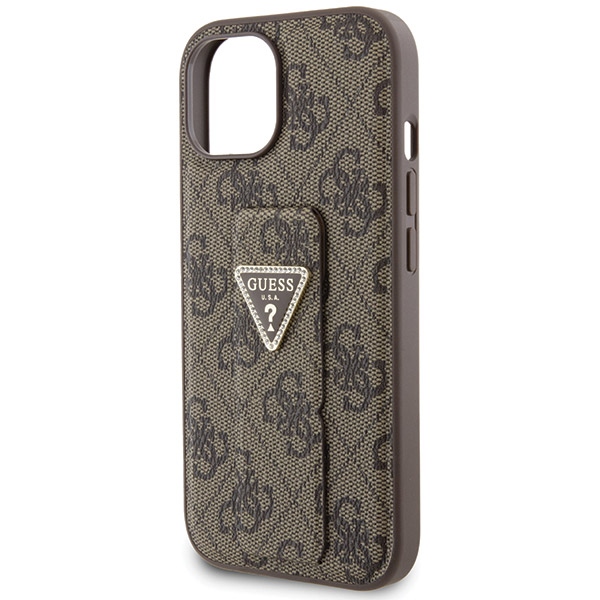 iTok webáruház - Guess Guess Grip Stand 4G Triangle Strass tok iPhone 15 készülékhez (barna) 6 Guess Grip Stand 4G Triangle Strass case for iPhone 15 (barna)
