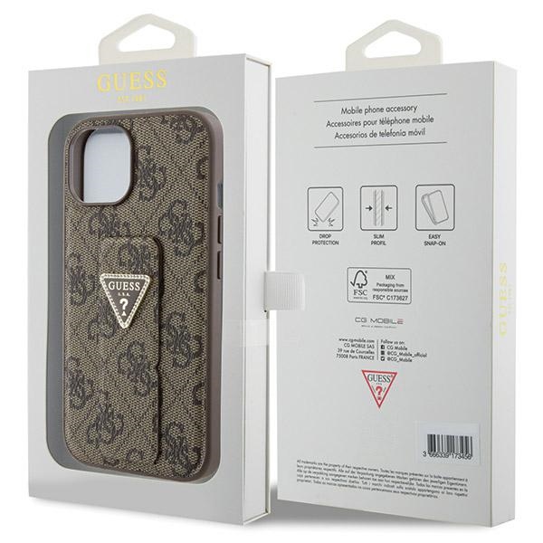 iTok webáruház - Guess Guess Grip Stand 4G Triangle Strass tok iPhone 15 készülékhez (barna) 8 Guess Grip Stand 4G Triangle Strass case for iPhone 15 (barna)