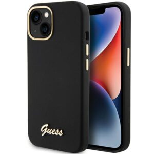 Guess Silicone Script Metal Logo & Frame tok iPhone 15 Pro készülékhez (fekete)