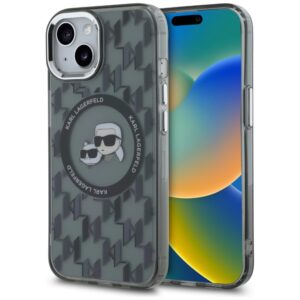 Karl Lagerfeld IML Monogram Karl & Choupette Head MagSafe tok iPhone 15 Plus készülékhez (fekete)