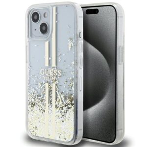 Guess Liquid Glitter Gold Stripes tok iPhone 15 Plus / 14 Plus készülékhez (átlátszó)