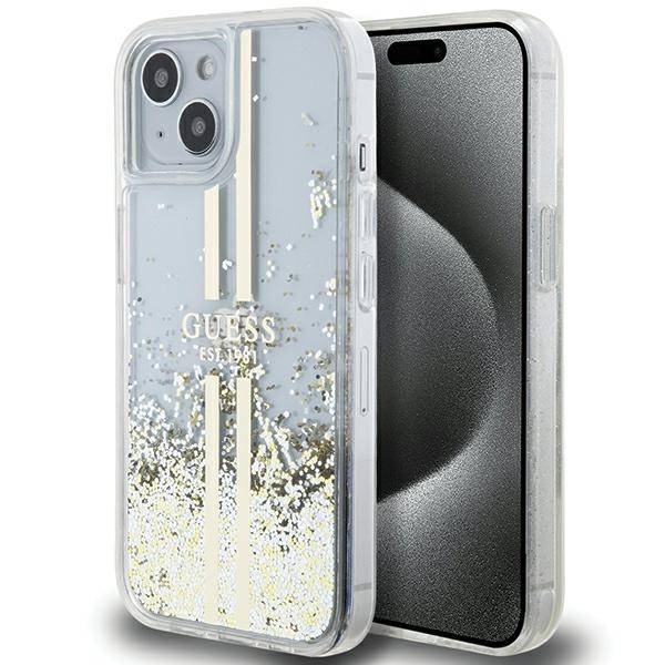iTok webáruház - Guess Guess Liquid Glitter Gold Stripes tok iPhone 15 Plus / 14 Plus készülékhez (átlátszó) 1 Guess Liquid Glitter Gold Stripes case for iPhone 15 Plus / 14 Plus (átlátszó)