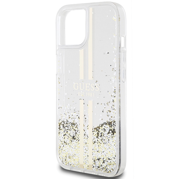 iTok webáruház - Guess Guess Liquid Glitter Gold Stripes tok iPhone 15 Plus / 14 Plus készülékhez (átlátszó) 6 Guess Liquid Glitter Gold Stripes case for iPhone 15 Plus / 14 Plus (átlátszó)