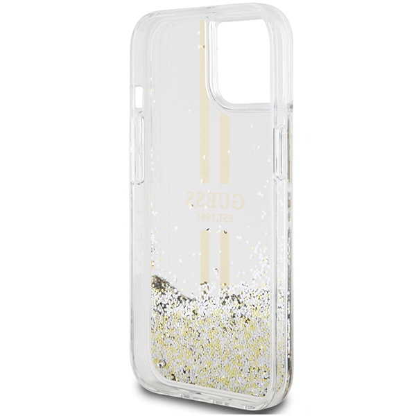 iTok webáruház - Guess Guess Liquid Glitter Gold Stripes tok iPhone 15 Plus / 14 Plus készülékhez (átlátszó) 7 Guess Liquid Glitter Gold Stripes case for iPhone 15 Plus / 14 Plus (átlátszó)