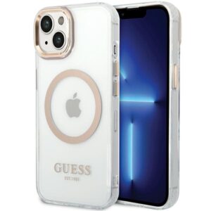 Guess Metal Outline MagSafe tok iPhone 15 Plus / 14 Plus készülékhez (arany)