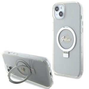 Guess GUHMP15MHRSGSD Ring Stand Script Glitter MagSafe tok iPhone 15 Plus / 14 Plus készülékhez