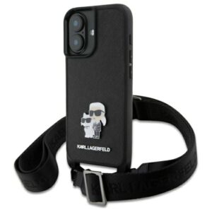 Karl Lagerfeld Saffiano Karl&Choupette Metal Pin CBDY szíjas tok iPhone 16-hoz (fekete)