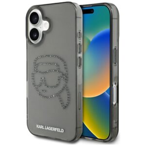 Karl Lagerfeld IML Rhinestones Karl Head tok iPhone 16-hoz, fekete