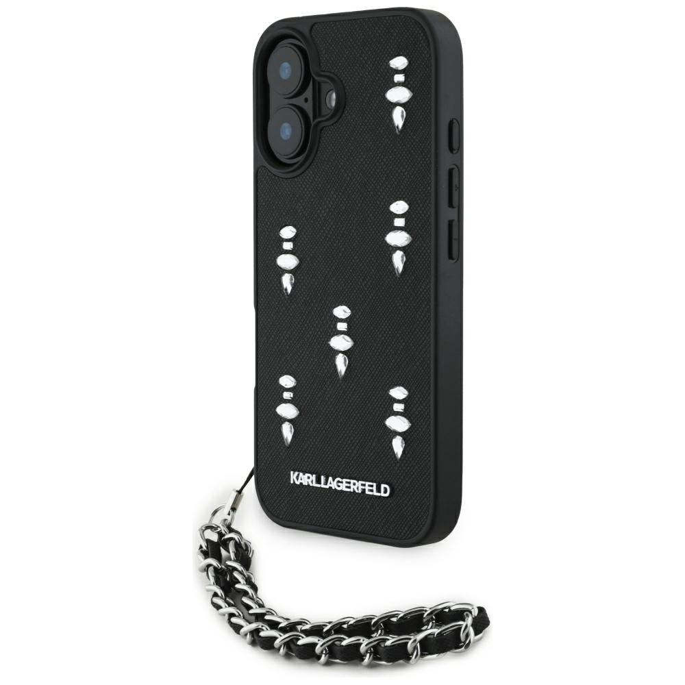 iTok webáruház - Karl Lagerfeld Karl Lagerfeld Saffiano Crystals láncos tok iPhone 16 készülékhez (fekete) 1 Karl Lagerfeld Saffiano Crystals w/Chain iPhone 16 Case (fekete)