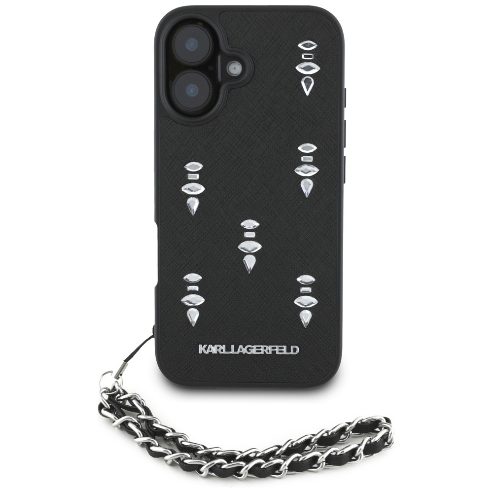 iTok webáruház - Karl Lagerfeld Karl Lagerfeld Saffiano Crystals láncos tok iPhone 16 készülékhez (fekete) 2 Karl Lagerfeld Saffiano Crystals w/Chain iPhone 16 Case (fekete)
