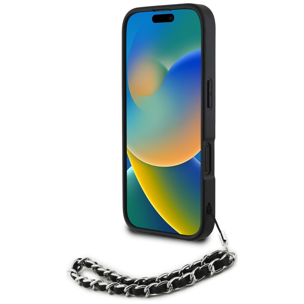iTok webáruház - Karl Lagerfeld Karl Lagerfeld Saffiano Crystals láncos tok iPhone 16 készülékhez (fekete) 4 Karl Lagerfeld Saffiano Crystals w/Chain iPhone 16 Case (fekete)