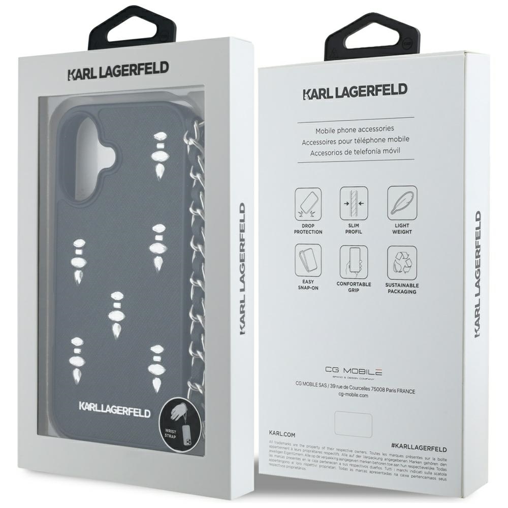 iTok webáruház - Karl Lagerfeld Karl Lagerfeld Saffiano Crystals láncos tok iPhone 16 készülékhez (fekete) 7 Karl Lagerfeld Saffiano Crystals w/Chain iPhone 16 Case (fekete)