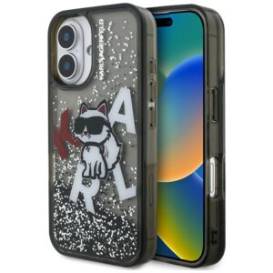 Karl Lagerfeld Liquid Glitter Choupette Logo tok iPhone 16 készülékhez (fekete)